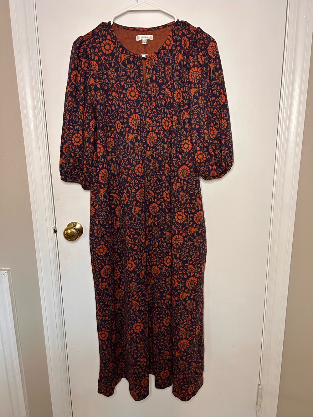 TYLER BOE FLORAL VELVETEEN MIDI DRESS IN SHADES OF RUST ORANGE AND NAVY SZ MED